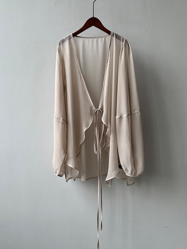 xakxx Bishop Sleeve Long Sleeves See-Through Split-Joint Tied Collarless Blouses&Shirts Tops