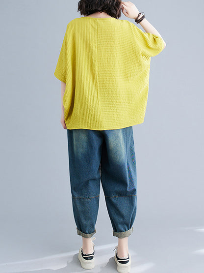 xakxx Batwing Sleeves Loose Solid Color Split-Joint Round-Neck T-Shirts Tops