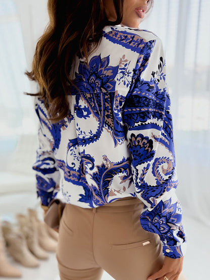 xakxx Long Sleeves Loose Printed Lapel Blouses
