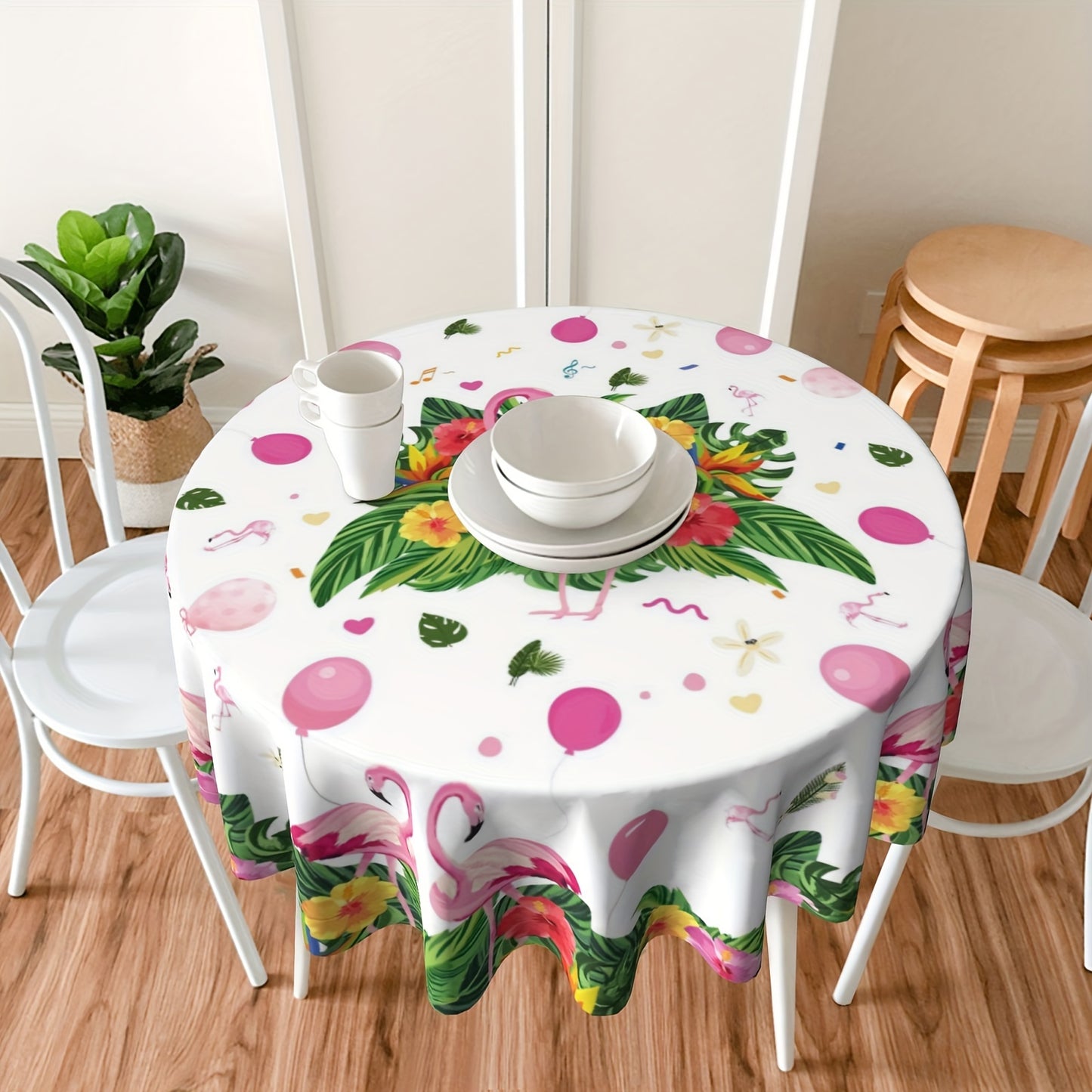 1pc Vibrant Summer Flamingo Polyester Tablecloth - Tropical Plants Pattern Table Cover for Home, Kitchen, Dining, Party Decoration - Stain, Wrinkle-Free, Easy Care, and Durable Tablecloth for Gift or Personal Use