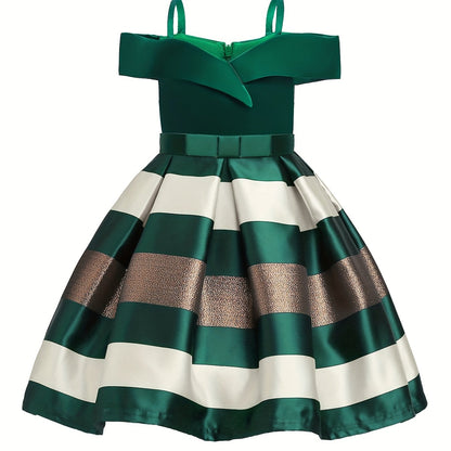 Knee-High Off-the-Shoulder Color Block Pleated Princess Dress for Girls - Sleeveless, Flared Hem, Cotton Lined, Non-Stretch Polyester Fabric, Hand Wash Only - Perfect for Piano Performance, Wedding, Birthday Party, and Evening Occasions