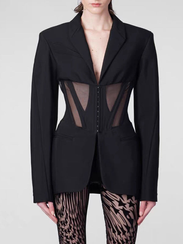 xakxx Long Sleeves Buckle Gauze See-Through Solid Color Split-Joint Notched Collar Blazer