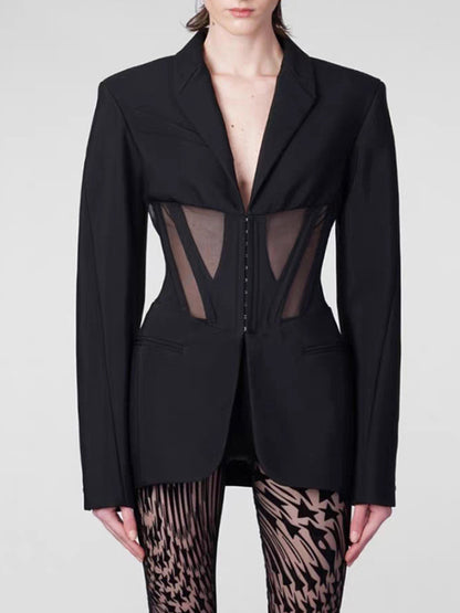 xakxx Long Sleeves Buckle Gauze See-Through Solid Color Split-Joint Notched Collar Blazer