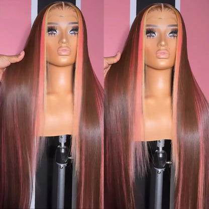 40 Inches Brown Pink Lace Front Wig Hightlight Pink Human Hair Wigs for Women Colored Straight HD 13X4 Synthetic Lace Frontal Wig Cosplay
