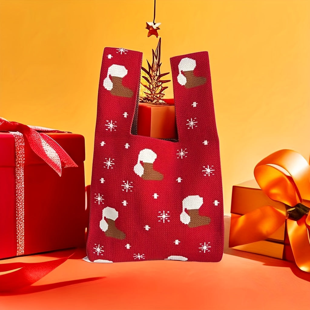 1pc Festive Knitted Polyester Tote Bag, Christmas Candy Gift Pouch, Women'S Handheld Knit Purse, Holiday Shopping Shoulder Bag with Painted Edges, No Closure - Red & Green