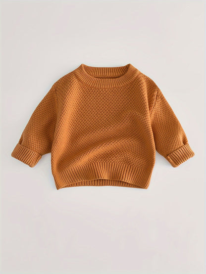Baby's Solid Color Jacquard Sweater, Knitted Long Sleeve Top, Toddler & Infant Boy's Clothing For Fall Winter