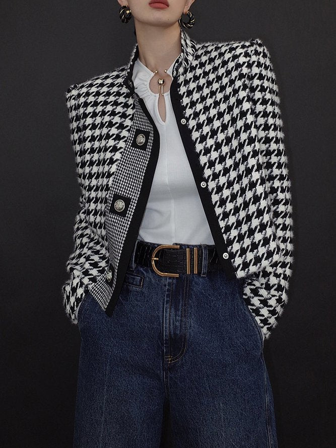 xakxx Stylish Long Sleeves Loose Houndstooth Stand Collar Jackets