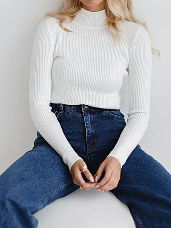 xakxx Long Sleeves Skinny Solid Color Split-Joint High Neck Sweater Tops