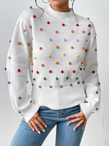 xakxx Long Sleeves Loose Pompom Triming Round-Neck Knitwear Pullovers Sweater Tops