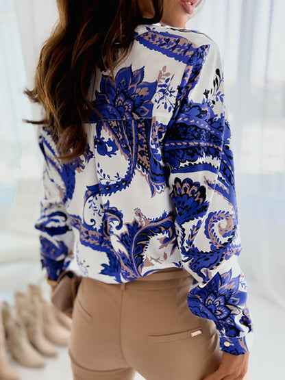 xakxx Trendy Long Sleeves Loose Printed Lapel Collar Blouses&Shirts Tops