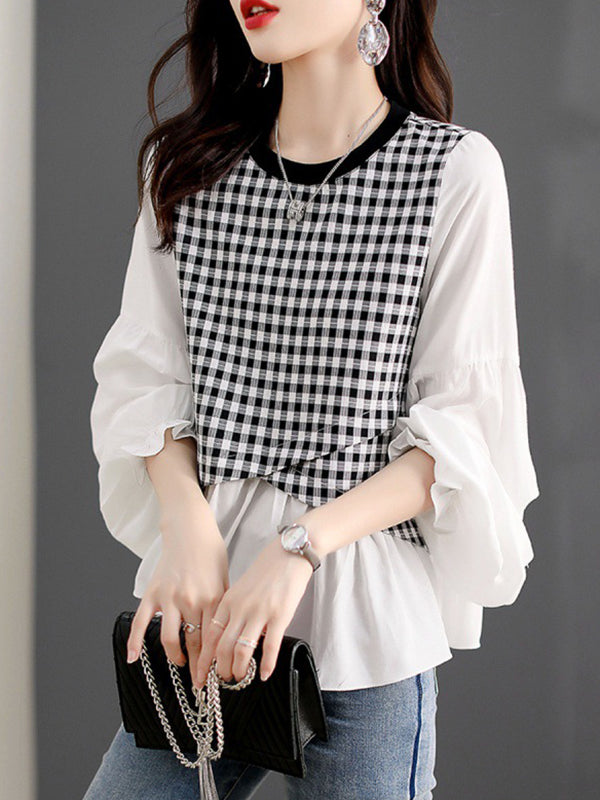xakxx Long Sleeves Loose Elasticity Plaid Split-Joint Round-Neck T-Shirts Tops