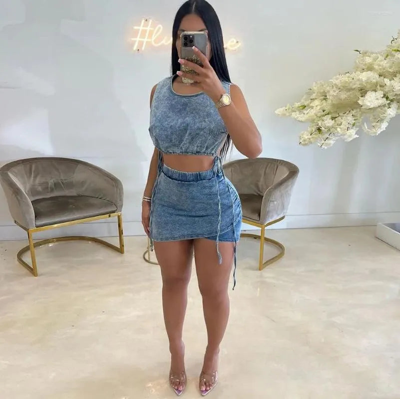 Work Dresses Summer Denim 2 Piece Skirt Sets Sexy Tank Sleeveless Side Slit Bandage Crop Top and Asymmetrical Mini Skirts Women Party Wear