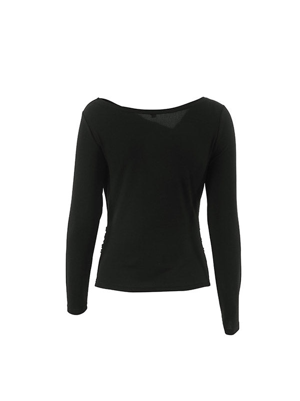 xakxx Long Sleeves Skinny Asymmetric Solid Color Asymmetric Collar T-Shirts Tops