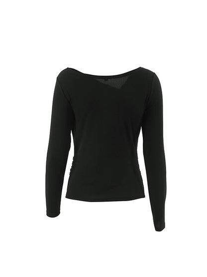 xakxx Long Sleeves Skinny Asymmetric Solid Color Asymmetric Collar T-Shirts Tops