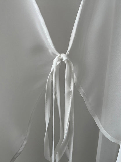 xakxx Bishop Sleeve Long Sleeves See-Through Split-Joint Tied Collarless Blouses&Shirts Tops