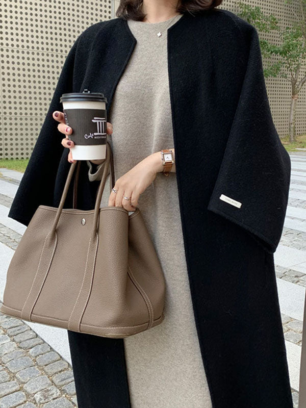 xakxx Long Sleeves Loose Solid Color Collarless Woolen Coat