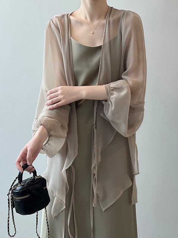 xakxx Bishop Sleeve Long Sleeves See-Through Split-Joint Tied Collarless Blouses&Shirts Tops