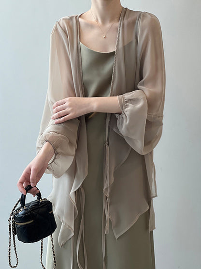 xakxx Bishop Sleeve Long Sleeves See-Through Split-Joint Tied Collarless Blouses&Shirts Tops