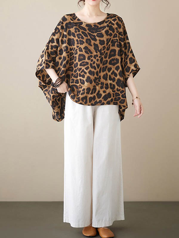 xakxx Batwing Sleeves Loose Leopard Round-Neck T-Shirts Tops