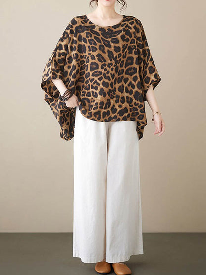 xakxx Batwing Sleeves Loose Leopard Round-Neck T-Shirts Tops