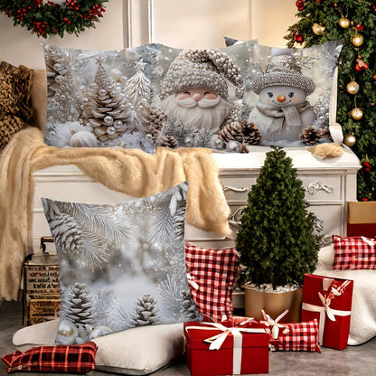 4-Piece Set of Contemporary Christmas Throw Pillow Covers, Hand Wash Only, Zipper Closure, 17.72" Woven Polyester Decorative Cushions with Santa, Snowman, Pine Cone Print for Living Room, Office, Sofa