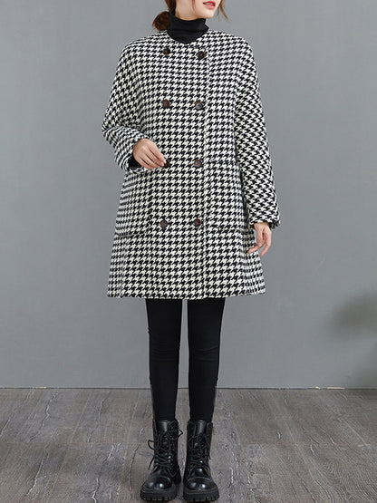 xakxx Loose Houndstooth Buttoned Round-Neck Long Sleeves Woolen Coat