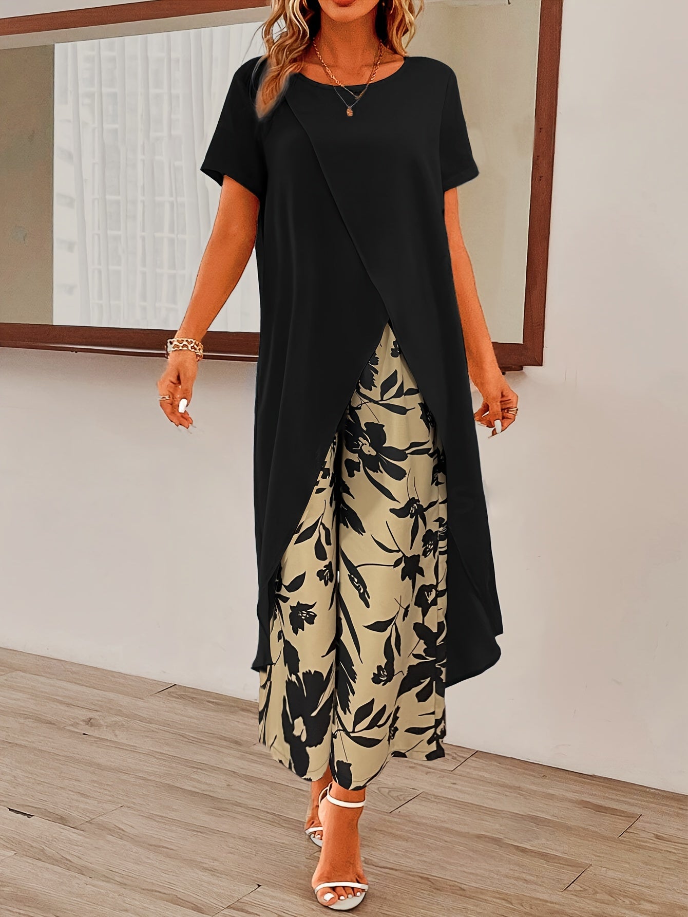 Womens Elegant Pants Set - Stylish Solid Color with Asymmetrical Hem Design, Comfortable Crew Neck Short Sleeve Top, Vibrant Floral Print Pants - Perfect for Spring and Summer Seasons, Complete Outfits for a Stylish Ensemble