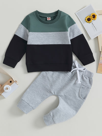 Baby Boys Spring 2 Piece Outfits Contrast Color Long Sleeve Sweatshirt and Elastic Pants for Toddler Fall Clothes