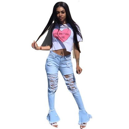 Women's Fashion Tassel Distressed Denim Ruffled Edge Long Pants New Women's