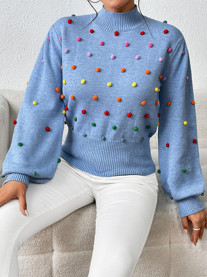 xakxx Long Sleeves Loose Pompom Triming Round-Neck Knitwear Pullovers Sweater Tops