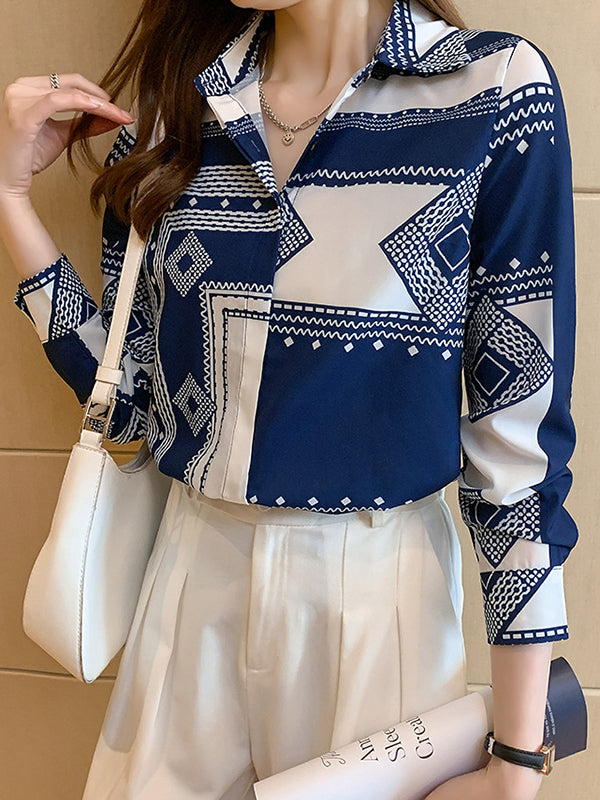 xakxx Long Sleeves Loose Buttoned Printed Lapel Blouses&Shirts Tops
