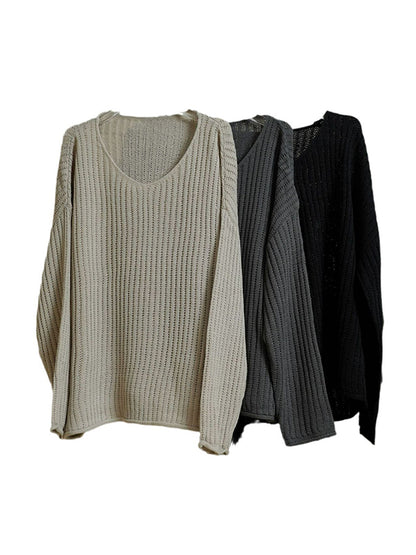 xakxx Long Sleeves Loose Solid Color V-Neck Pullovers Sweater Tops