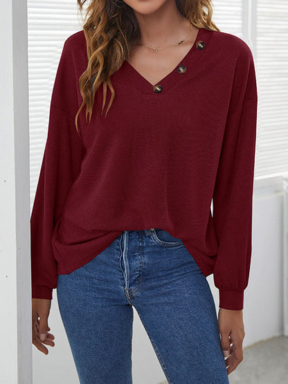 xakxx Long Sleeves Loose Buttoned V-Neck T-Shirts Tops