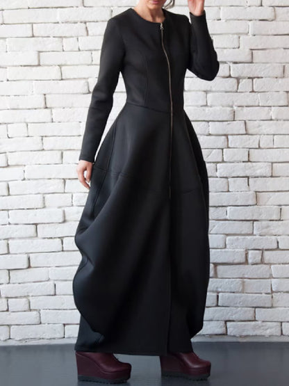 xakxx Split-Joint Zipper Round-Neck Maxi Dress Coat Bubble Dress
