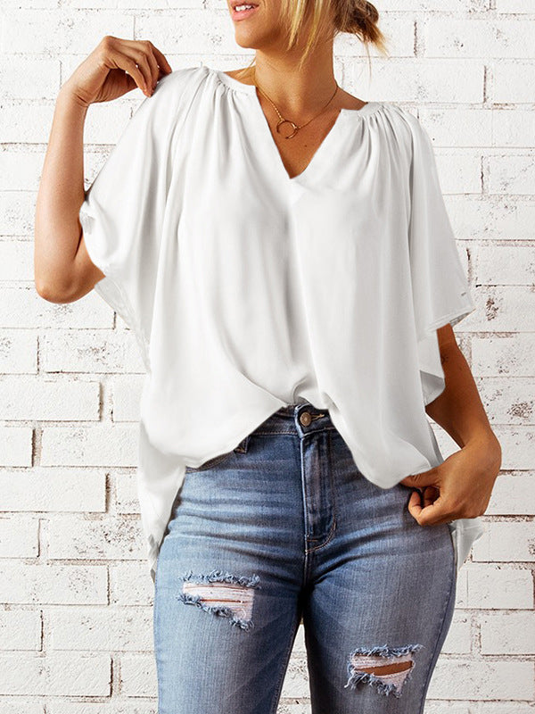 xakxx Simple Casual Solid Color Loose Pleated Half Sleeves T-Shirt Top