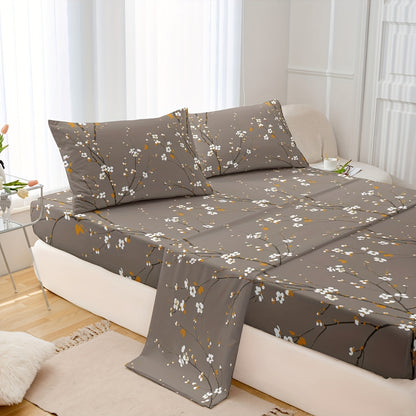 4pcs Luxury Flower Print Fitted Sheet Set - Soft, Hypoallergenic & Breathable Bedding - Wrinkle-Free & Fade-Resistant - Perfect for Bedrooms & Guest Rooms - 1 Flat Sheet, 1 Fitted Sheet, 2 Pillowcases - No Mattress Core
