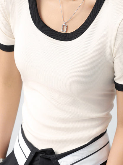 xakxx Short Sleeves Skinny Contrast Color Round-Neck T-Shirts