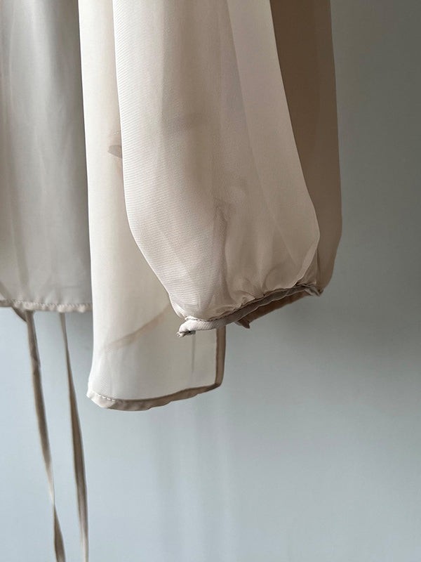 xakxx Bishop Sleeve Long Sleeves See-Through Split-Joint Tied Collarless Blouses&Shirts Tops