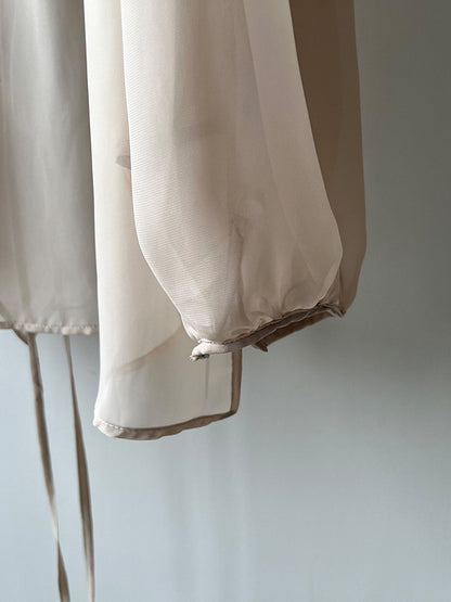 xakxx Bishop Sleeve Long Sleeves See-Through Split-Joint Tied Collarless Blouses&Shirts Tops