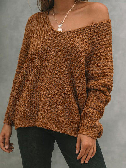 xakxx Long Sleeves Loose Solid Color V-Neck Knitwear Pullovers Sweater Tops