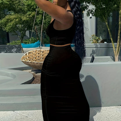 1 Sexy Two-Piece Set - High Stretch Sleeveless Tank Top with Deep V Neck & Flared Maxi Skirt Outfit - Polyester Knit Fabric, Machine Washable, Perfect for Spring/Summer