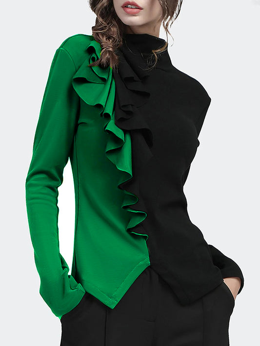 xakxx Long Sleeves Skinny Contrast Color Split-Front Split-Joint High-Neck T-Shirts