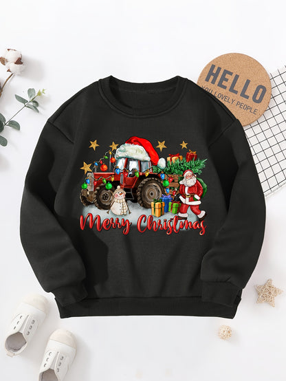 Boys' Cozy Fleece-Lined Christmas Sweatshirt with Festive Tractor Print - Casual Long Sleeve Pullover for Fall/Winter