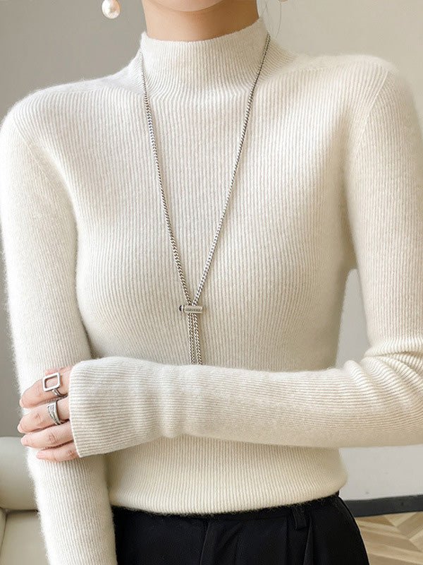 xakxx Casual Skinny Long Sleeves Solid Color Half Turtleneck Sweater Tops