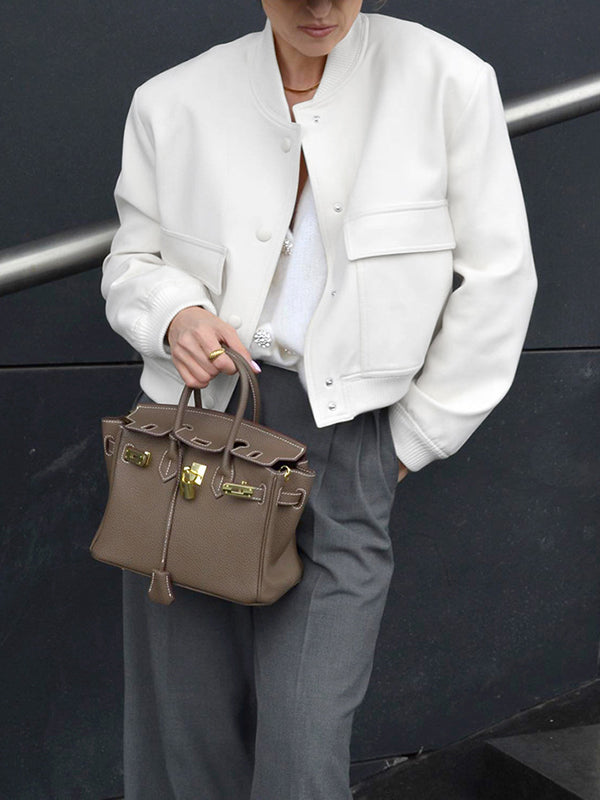 xakxx Long Sleeves Loose Buttoned Pockets Solid Color Round-Neck Jackets Outerwear