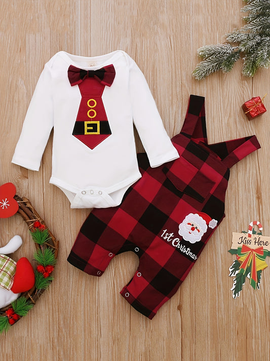 2pcs Baby Boys Christmas Gentlemen's Letter Embroidered Jumpsuit&Santa Claus Head Letter Embroidered Checkered Backband Pants Set