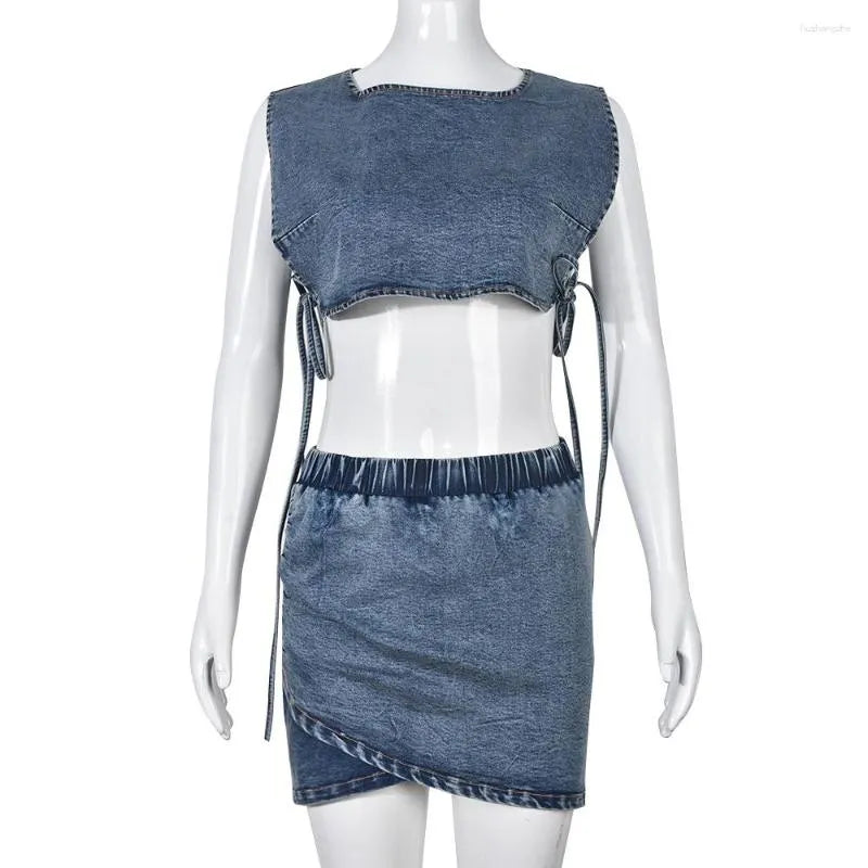 Work Dresses Summer Denim 2 Piece Skirt Sets Sexy Tank Sleeveless Side Slit Bandage Crop Top and Asymmetrical Mini Skirts Women Party Wear