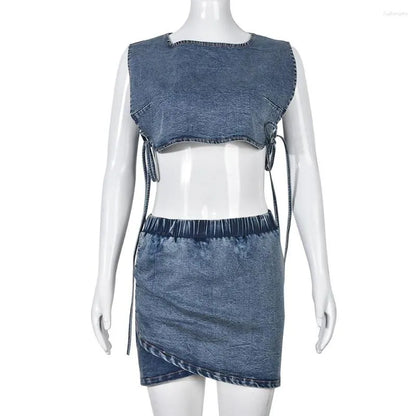 Work Dresses Summer Denim 2 Piece Skirt Sets Sexy Tank Sleeveless Side Slit Bandage Crop Top and Asymmetrical Mini Skirts Women Party Wear