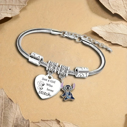 1 Pc Adorable Disney Stitch Heart-Shaped Pendant Bracelet Jewelry - Women's Fashion Accessory with Adjustable Chain, Cute Cartoon Character Design, Ideal Gift for Ladies, Teens, and Girls