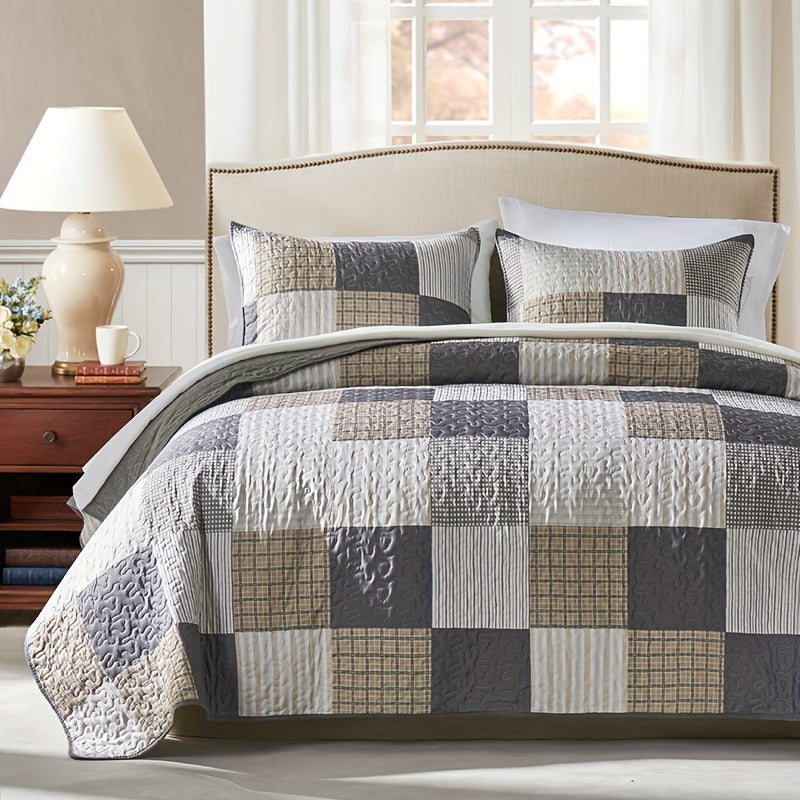 3-Piece Double Bedspread Set - Reversible, Ultra-Lightweight, Super-Soft, Quilted Checkered Patchwork Plaid Design - Complete Set with 2 Pillowcases, No Filling, Suitable for All Seasons